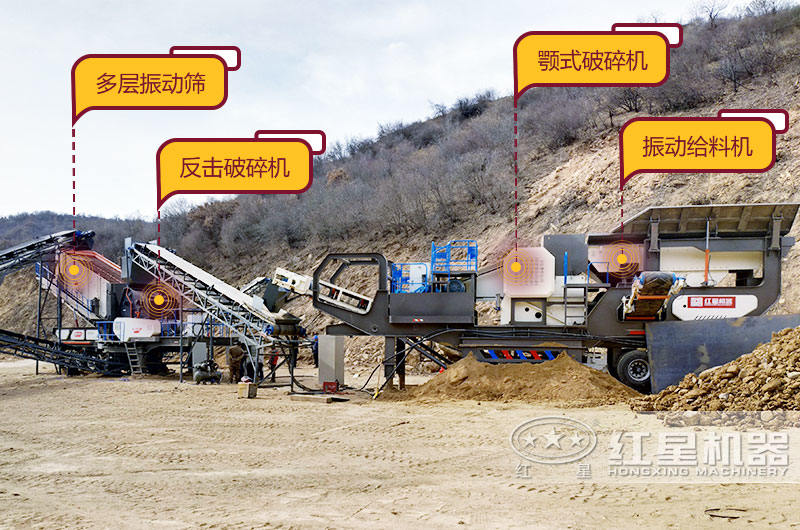 大型移動(dòng)破碎站生產(chǎn)現(xiàn)場(chǎng)，空間占地小，移動(dòng)靈活